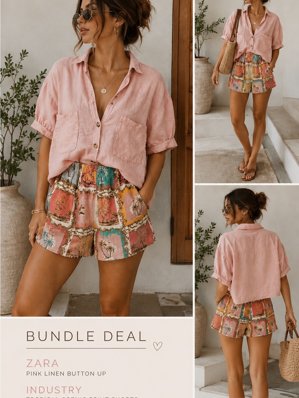 Zara Pink Linen Shirt + Industry Tropical Shorts 2 Piece Resort Outfit XS/S